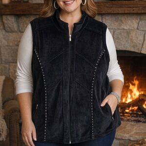Quacker Factory Plus Size 2X Black Velour Rhinestone Zip Vest Size 2X